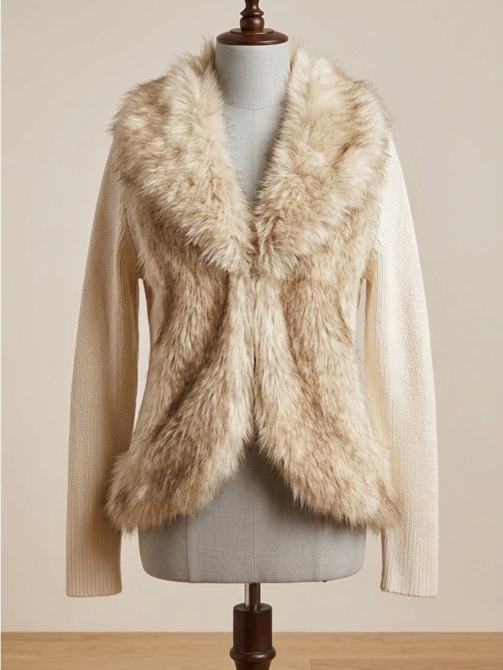 Vintage Lisa International Cream Knit Cardigan Faux Fur Trim Women’s Large